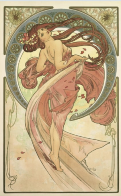 Alfons Mucha: A művészetek – tánc, falkép, litográfia,1898